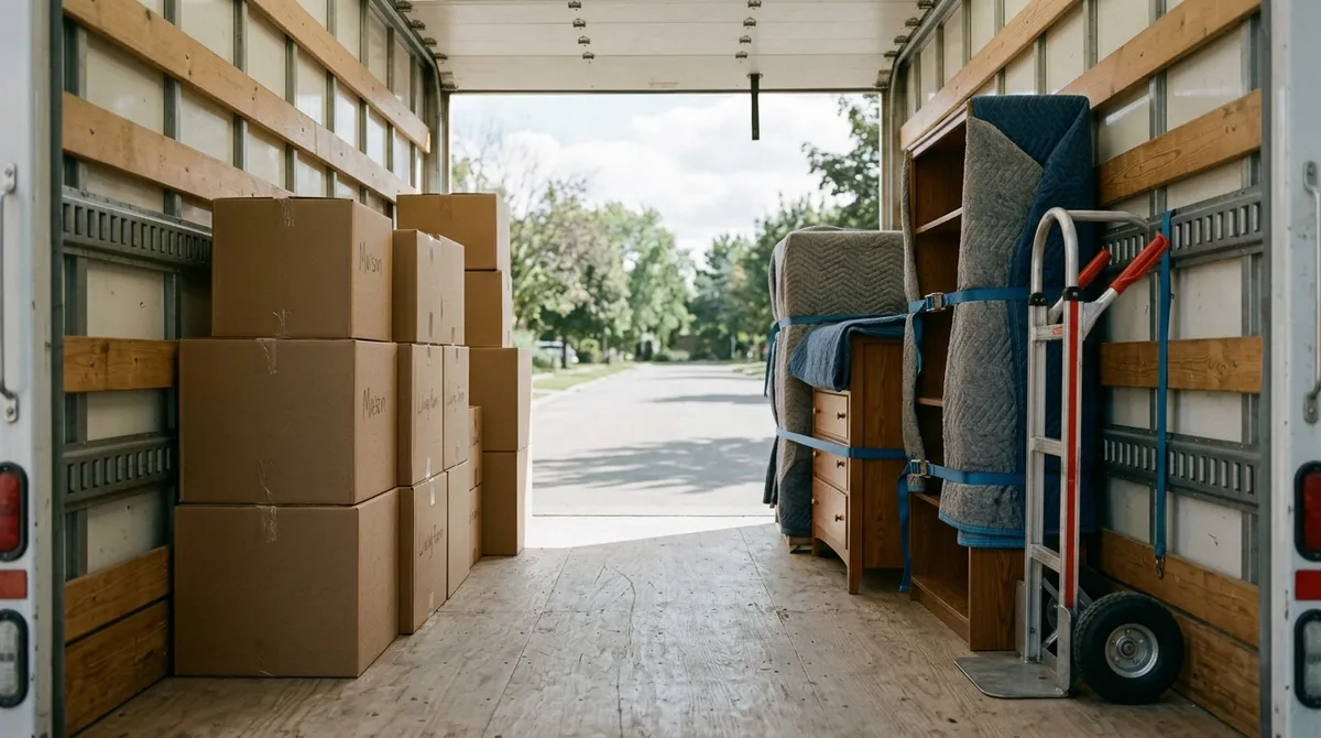 Intérieur d’un camion de déménagement chargé de meubles sanglés