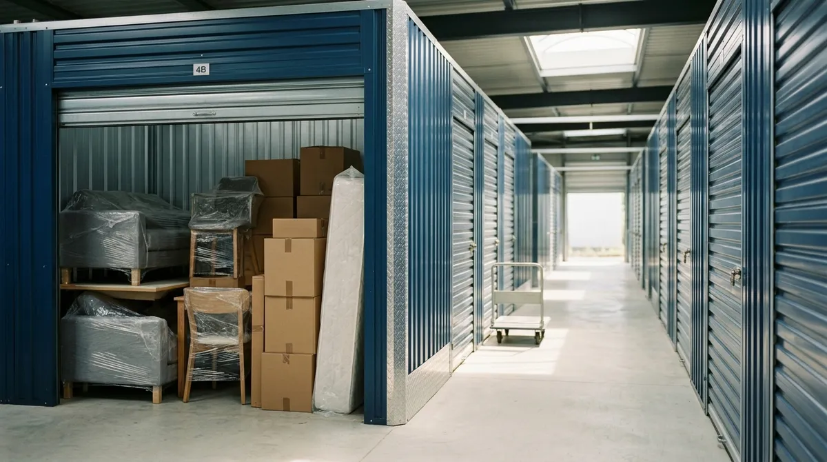 Box de garde-meuble avec mobilier et cartons stockés