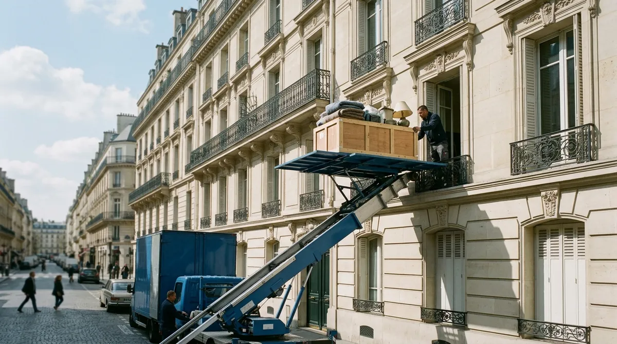 Monte-meuble déployé le long de la façade d’un immeuble