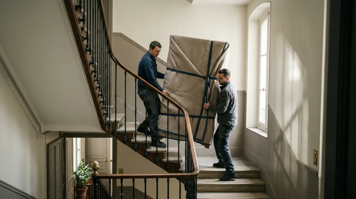 Déménageurs portant une armoire emballée dans un escalier